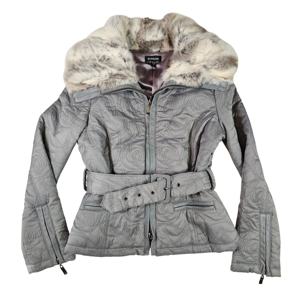 Rare Bebe Rabbit Fur Quilted Jacket Belted‎ Gray Lined Vintage Y2K Womens M